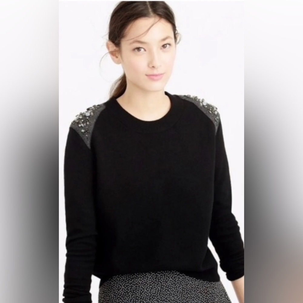 J Crew Black Jewel Shoulder Back Zip Wool Sweater Wm Crew Neck  size s